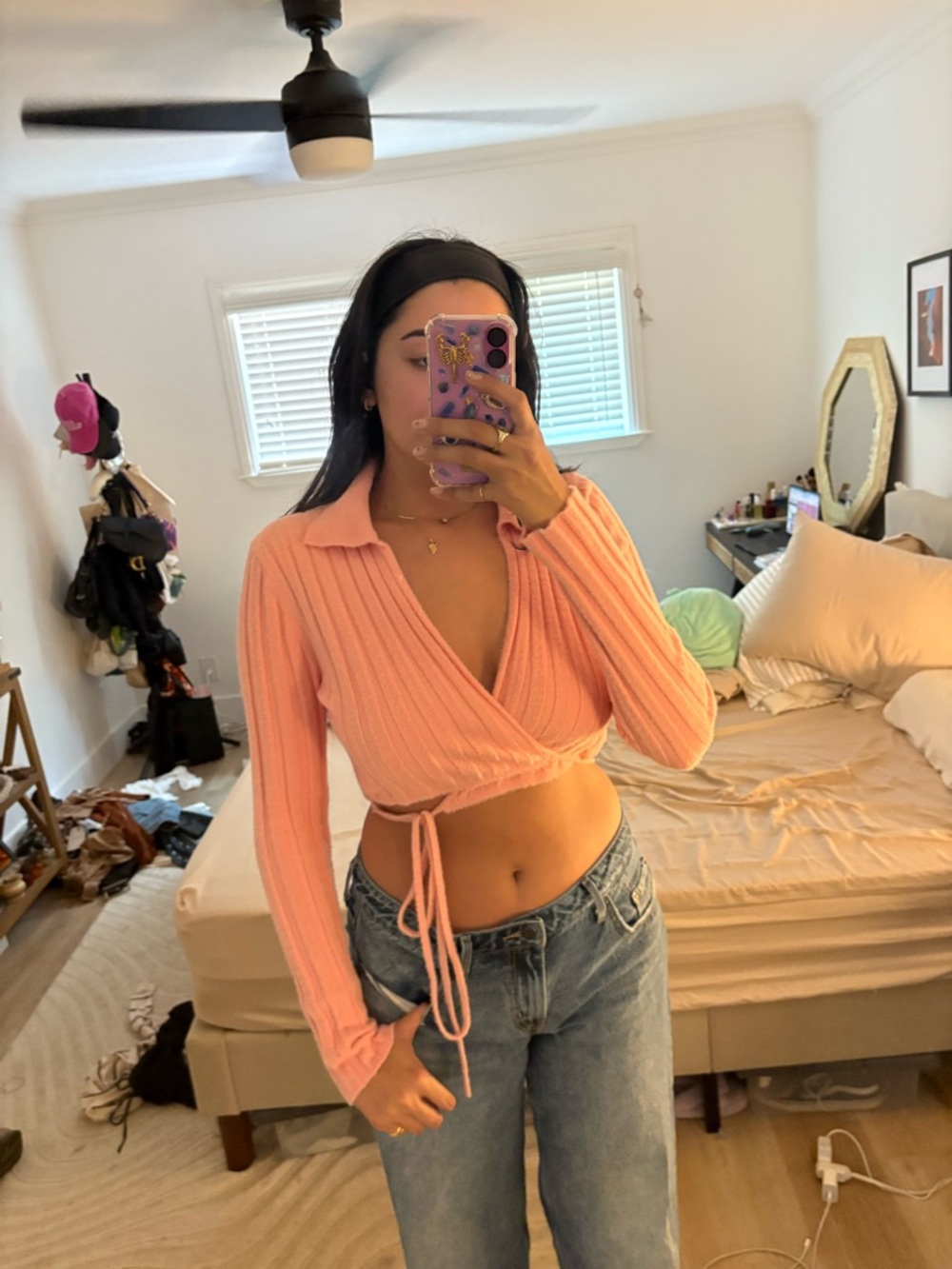 Zara Peach Ribbed Wrap Crop Top with Collar